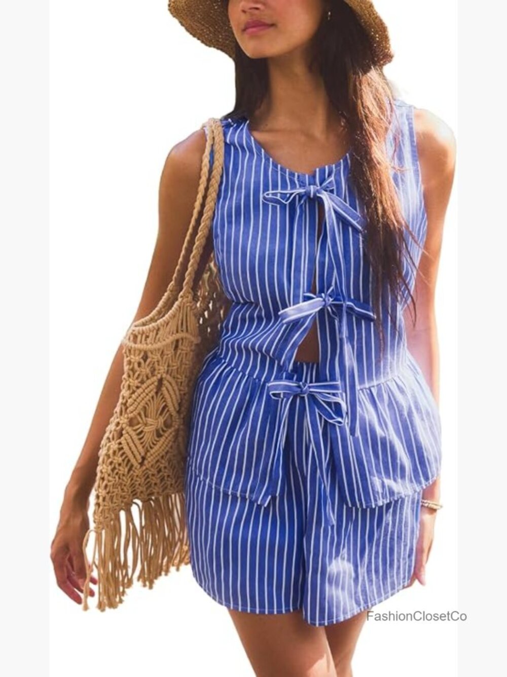 Bow Tie Front Tank Top Sleeveless Crew Neck Slim Fit Striped Blouse
